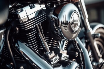 Motorcycle engine biker chromed. Steel gleaming motorbike vehicle gear. Generate ai