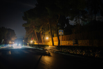 Sotogrande, Spain - January, 23, 2024 - This is a night scene of a street with a pedestrian...