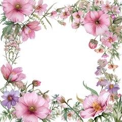 Pink bouquet wildflower. Frame border ornament square. Aquarelle wildflower for background