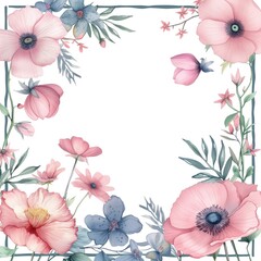 Pink bouquet wildflower. Frame border ornament square. Aquarelle wildflower for background