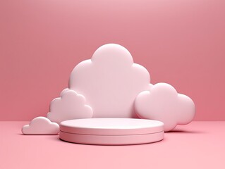 3d pink rendering with podium and minimal cloud shapes, minimal product display background