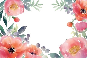 Watercolor Floral Background. Hand painted border of flowers. Good for invitations and greeting cards. Rose, poppy and peony illustration Spring blossom