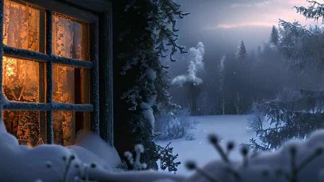A closeup of a cozy cabin window with snowy scenery framed by the frosted gl and a faint whisper of smoke rising from the chimney.