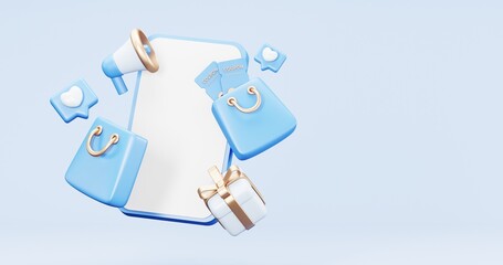 3d rendering of promotion sale with gifts and bag shoping , coupons, phone , on minimal blue gold background. flash sale , Mega sale special offer, discount sale podium .