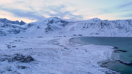 Taken during the snow-covered winter season on the Norwegian Lofoten islands