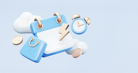 3d rendering of promotion sale with gifts and bag shoping , coupons, phone , on minimal blue gold background. flash sale , Mega sale special offer, discount sale podium .