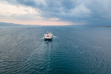 Crude oil tanker ship underway ship transport underway through Dardanelles Strait in Turkey. Worldwide logistic of oil and global trade