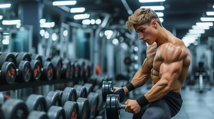 Fototapeta na wymiar muscular man resting on a dumbbell rack in a gym