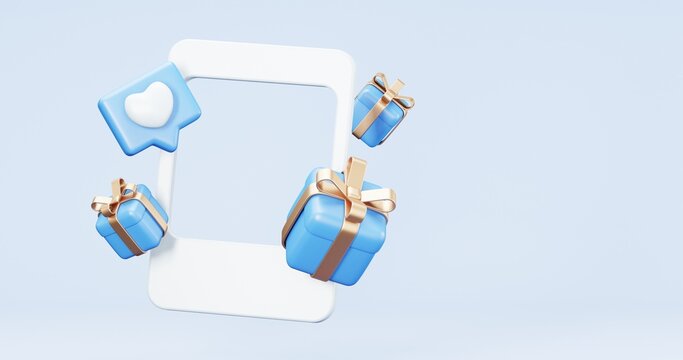 3d rendering of promotion sale with gifts and bag shoping , coupons, phone , on minimal blue gold background. flash sale , Mega sale special offer, discount sale podium .