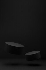 Two tilt black round podiums levitate, set, mockup on black background, shadow. Template for presentation cosmetic products, gifts, goods, advertising, design, display, showing in luxury modern style.