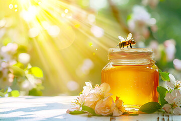 Obraz na płótnie Canvas A jar of honey illuminated by the rays of the sun in a blooming garden. Flower honey surrounded by bees and cherry blossoms on a summer day. Beekeeping and sweet organic products concept