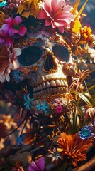 A close up of a skull with flowers on it