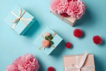 Mother's Day concept. Top view flat lay photo of gift boxes with pink ribbons, carnation flowers, and pink paper hearts on pastel blue background with empty space for text or advert
