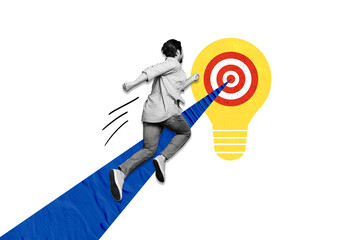 Creative collage picture illustration monochrome effect excited hurry target idea lamp run jump way...