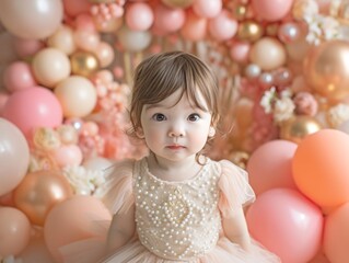 A little girl in a dress surrounded by balloons