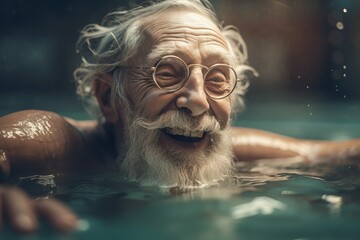 Joyful elderly aquatic fitness training. Retired man leisure swimming wellness time. Generate ai
