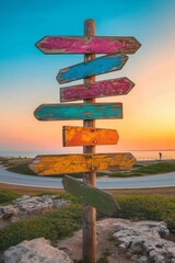 Wooden signpost with multiple colorful arrow signs pointing in different directions against a scenic sunset sky