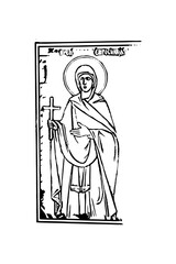 Orthodox vintage stamp of Saint Euphrosyne (name). Christian illustration black and white in Byzantine style 
