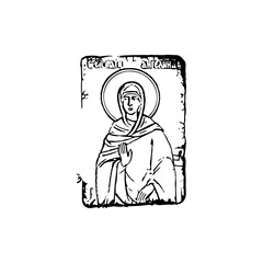 Orthodox vintage stamp of Saint Angelina. Christian illustration black and white in Byzantine style 