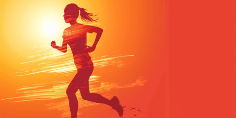Fototapeta na wymiar Illustration of a woman running outdoors in sports outfit. Banner image with copy space for text.