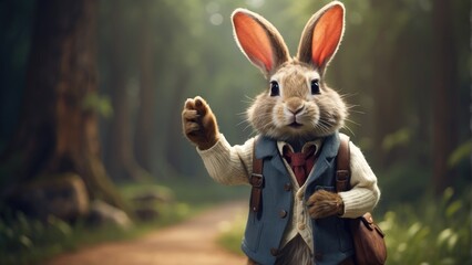 rabbit in the park, Charming Rabbit Waving in Jacket: Standing Tall on the Road - Explore the Whimsical World of this Adorable Bunny, Clad in a Stylish Jacket, Radiating Charm and Playful Elegance - obrazy, fototapety, plakaty