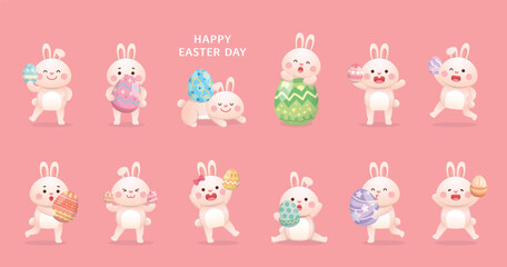 Set of cute and playful rabbit mascot or character with colorful easter eggs, joyful celebration of holiday, vector illustration