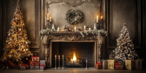 Vintage Christmas decorations adorn the fireplace near a tree.