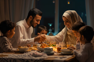 Ramadan concept - family enjoying dinner together - Powered by Adobe