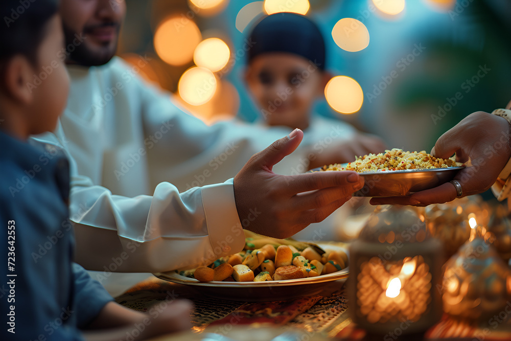 Wall mural ramadan concept - family enjoying dinner together