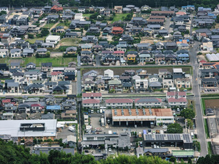 An aerial perspective of a densely populated residential area.