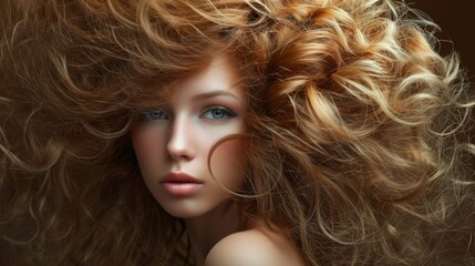 Naklejka premium Young woman with luxuriant hair in fashion editorial style. Hair blowing in the wind. Trendy hair style