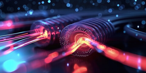 3D Rendering of abstract wire cable tunnel with digital binary data transmitting.Glowing data cables transferring information. 
futuristic, Technology, machine learning, big data, virtualization, 