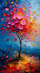 Abstract oil painting of a tree with colorful leaves. Colorful autumn background.