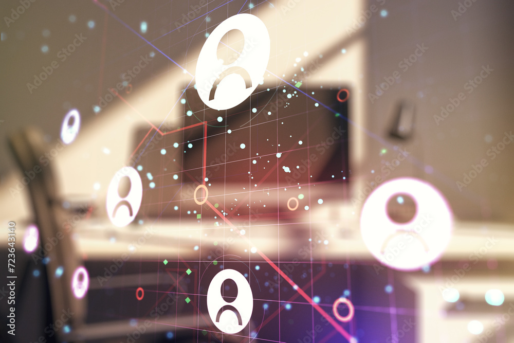 Aufkleber Social network concept and modern desktop with computer on background. Multiexposure
