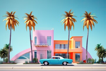 Seductive Pink Home with Palm Trees and Blue Car