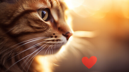 red cat in close-up and the shape of a red heart on a blurred background, a copy space. A greeting card is a symbol of love