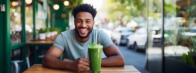 African American black man drinking healthy green juice looking at camera. Copy space. - obrazy, fototapety, plakaty