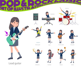 ロックンロールやポップミュージックを演奏する紺ブレザー女子学生のセット
