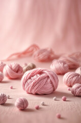 Obraz na płótnie Canvas Ball of soft pink yarn lies on pink surface. The background is blurred pink. Generative AI.