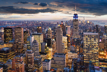 New York City with skyscrapers at sunset, USA
