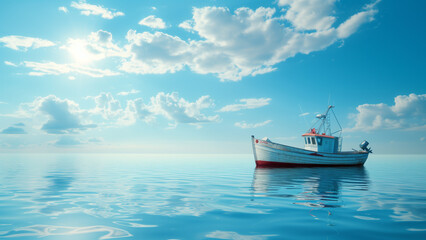 Obraz premium Rejuvenated Seascape: A Fishing Boat under the Azure Sky