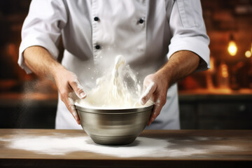 Chef Kneading Dough in Professional Kitchen