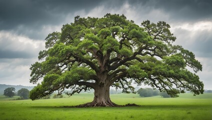 Fototapeta na wymiar Old oak tree in a vibrant, green pasture, cloudy day. generative AI
