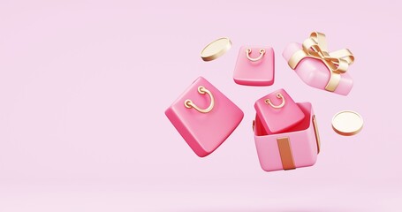 Valentine's Day Sale , online shopping , promotion sale with gifts and bag shopping on minimal pink gold background , product display and Heart. web poster, flyer , 3d rendering