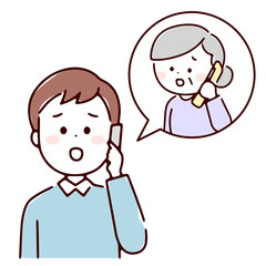 電話で不安な表情になる男性とシニア女性