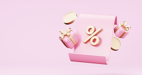 Valentine's Day Sale , online shopping , promotion sale with gifts and bag shopping on minimal pink gold background , product display and Heart. web poster, flyer , 3d rendering