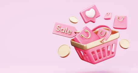 Valentine's Day Sale , online shopping , promotion sale with gifts and bag shopping on minimal pink gold background , product display and Heart. web poster, flyer , 3d rendering