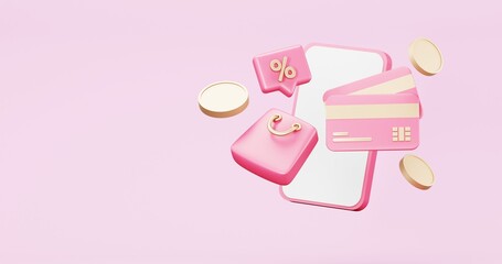 Valentine's Day Sale , online shopping , promotion sale with gifts and bag shopping on minimal pink gold background , product display and Heart. web poster, flyer , 3d rendering