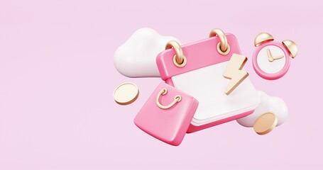 Valentine's Day Sale , online shopping , promotion sale with gifts and bag shopping on minimal pink gold background , product display and Heart. web poster, flyer , 3d rendering