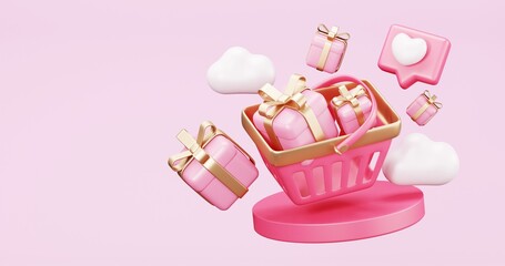 Valentine's Day Sale , online shopping , promotion sale with gifts and bag shopping on minimal pink gold background , product display and Heart. web poster, flyer , 3d rendering